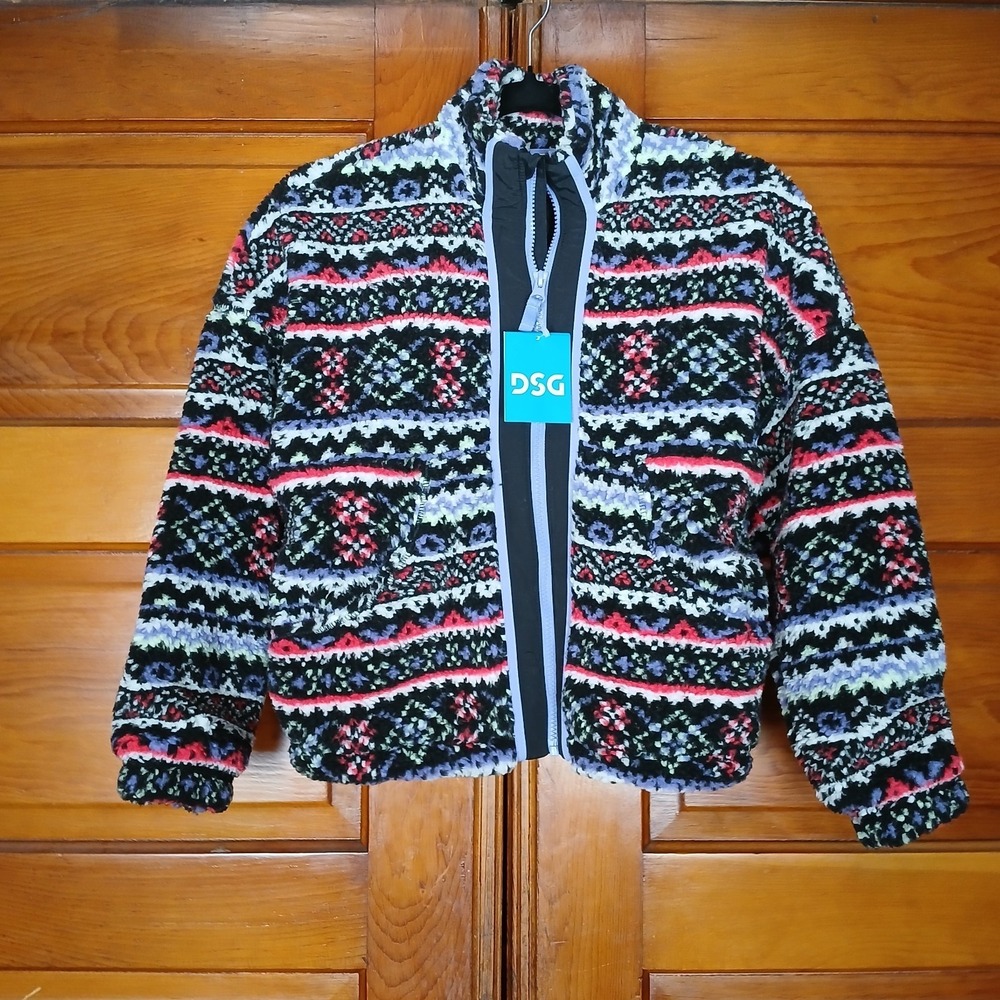 NWT DSG Cozy Fleece Full Zip Jacket Funky Fair Isle Pattern Girls Size M (10-12)